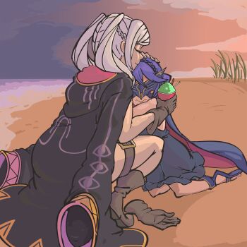 alternate_hairstyle beach blue_hair boots braid closed_eyes cloud comforting covered_eyes cup davewaterfalls dress female_robin_(fire_emblem) female_robin_(seaside_tactician)_(fire_emblem) fire_emblem fire_emblem_awakening fire_emblem_heroes food gloves hand_on_another&#039;s_head hug lucina_(fire_emblem) marth_(fire_emblem_awakening) mask mother_and_daughter nintendo ocean official_alternate_costume robe sand sandals shaved_ice skindentation straw sunset swimsuit swimsuit_under_clothes thigh_strap twintails white_hair