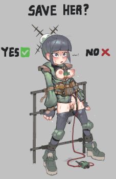 1girl ? black_hair bomber_jacket breasts breasts_out clothes_pull grey_background hair_ornament highres jacket juju_(skullgirls) kinshi76 medium_breasts military military_uniform nervous_sweating no object_insertion open_mouth pants pants_pull pussy pussy_peek scared skullgirls solo source_request sweat tied_up_(nonsexual) vaginal vaginal_object_insertion yes