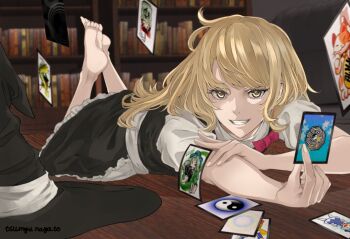 100th_black_market 1girl ability_card_(touhou) absurdres apron barefoot black_hat black_skirt black_vest blonde_hair blurry bookshelf bow card cirno commentary_request depth_of_field fang feet feet_up fingernails frilled_apron frilled_skirt frills grin hakurei_reimu hat highres holding holding_card indoors kirisame_marisa long_hair looking_at_viewer lying maneki-neko mini-hakkero nagato_tsumugu no_headwear on_stomach on_table open_mouth red_bow shanghai_doll shirt short_sleeves skirt smile soles solo table the_pose toes touhou unworn_headwear vest white_apron white_shirt witch_hat yamashiro_takane yellow_eyes yin_yang