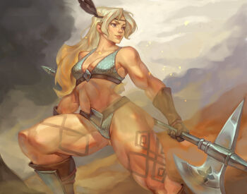 1girl amazon_(dragon's_crown) amazon_warrior armor axe battle_axe bikini_armor black_hairband blonde_hair breasts brown_eyes brown_gloves dragon's_crown dust feather_hair_ornament feathers gloves hair_ornament hairband holding holding_axe leg_tattoo looking_to_the_side mick_cortes muscular muscular_female small_breasts solo tattoo thick_thighs thighs weapon