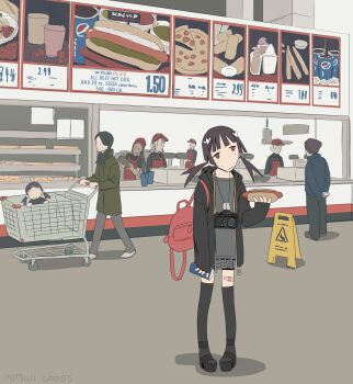 absurdres artist_self-insert backpack bag camera child churro costco english_text food grey_skirt highres hitsuji_(hitsujigoods) hitsuji_(hitsujigoods)_(character) holding holding_food hot_dog ice_cream original pepsi pizza shadow skirt soda standing