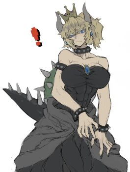 ! 10den abs absurdres bare_shoulders black_dress black_nails blonde_hair blue_eyes bowsette breasts chest_jewel collar commentary_request crown dress earrings fang highres horns jewelry large_breasts looking_at_viewer mario_(series) muscular muscular_female nail_polish nintendo pointy_ears red_pupils simple_background spiked_collar spikes strapless strapless_dress tail tall_female