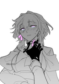 2girls artist_name blue_eyes blush breasts buttons cesar_zebrah choker collarbone collared_shirt dress dual_persona english_text evernight_(honkai:_star_rail) fingernails gloves greyscale hair_between_eyes hand_on_another&#039;s_neck hand_up highres honkai:_star_rail honkai_(series) jacket long_sleeves looking_at_viewer march_7th_(honkai:_star_rail) march_7th_(preservation)_(honkai:_star_rail) medium_breasts monochrome multicolored_eyes multiple_girls open_clothes open_jacket pink_eyes pink_pupils puffy_long_sleeves puffy_sleeves selfcest shirt short_hair sidelocks simple_background solo_focus sweatdrop teeth tied_jacket upper_body watermark yuri