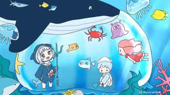 1boy 2girls :d animal animal_costume blue_eyes blue_hair blue_hoodie blue_shirt blush_stickers chibi commentary coral day drawstring dress english_commentary fins fish fish_tail gawr_gura gawr_gura_(1st_costume) grey_hair hat holding holding_polearm holding_weapon hololive hololive_english hood hood_up hoodie mochimiko multicolored_hair multiple_girls open_mouth outdoors pink_hair polearm red_dress shark_costume shark_girl shark_tail sharp_teeth shirt smile solid_circle_eyes squid_hat streaked_hair striped_clothes striped_shirt tail teeth trident underwater virtual_youtuber water weapon whale white_hat