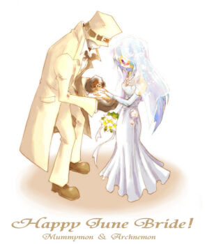 1boy 1girl amatera archnemon belt bouquet digimon digimon_adventure_02 flower hat jewelry marriage mummymon ring smile