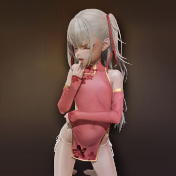 1girl 3d alice_(as109) as109 bad_id bad_pixiv_id bare_shoulders blonde_hair blue_eyes borrowed_character bow china_dress chinese_clothes city_no.109 closed_eyes covered_navel cowboy_shot detached_sleeves dress female_focus finger_to_mouth flat_chest from_below hair_bow highres leslyzerosix lips loli long_hair open_mouth panties pink_bow revealing_clothes sexually_suggestive side-tie_panties soles solo stuffed_animal stuffed_toy teddy_bear tongue tongue_out twintails underwear