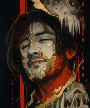 Rule 34 | 1boy, aegyo sal, beard, black hair, bone, closed eyes, cracked skin, creature, english text, facial hair, head tilt, iron lung (movie), male focus, portrait, short hair, simon (iron lung), skeleton, sokodraws, source quote, torn paper