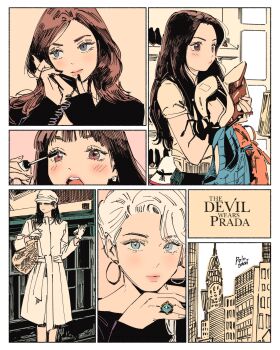 Rule 34 | andrea sachs, applying mascara, bag, blue eyes, brown eyes, brown hair, cellphone, coat, copyright name, earrings, emily charlton, grey eyes, hat, highres, holding, holding phone, holding shoes, holding unworn clothes, hoop earrings, jewelry, long hair, miranda priestly, open mouth, phone, polo tokki, ring, shoes, short hair, shoulder bag, the devil wears prada, unworn shoes, white coat, white hair, white hat