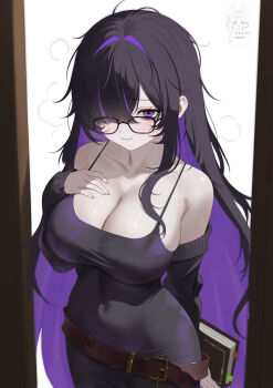 1girl :3 absurdres arm_behind_back armpit_crease artist_logo bags_under_eyes bare_shoulders belt belt_buckle birdking_(king33) black-framed_eyewear black_cardigan black_dress black_hair blush book breast_suppress breasts brown_belt buckle cardigan cleavage closed_mouth collarbone colored_inner_hair commentary covered_navel cowboy_shot doorway dress fingerless_gloves glasses gloves goddess_of_victory:_nikke hair_over_one_eye hand_up highres holding holding_book label_(nikke) large_breasts logo long_bangs long_hair long_sleeves looking_at_viewer looking_over_eyewear loose_belt mole mole_on_breast multicolored_hair off_shoulder one_eye_covered open_cardigan open_clothes pale_skin pov_doorway purple_eyes purple_hair raised_eyebrows simple_background single_sidelock sleeveless sleeveless_dress sleeves_past_wrists smile solo spaghetti_strap standing steaming_body tight_clothes tight_dress two-tone_hair very_long_hair weapon white_background