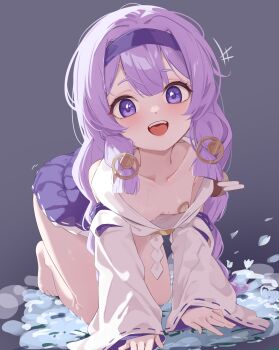 1girl absurdres all_fours barefoot breasts collarbone commentary double-parted_bangs downblouse english_commentary full_body furisode_sleeves gradient_background grey_background hair_ornament hairband highres long_hair long_sleeves looking_at_viewer mawe127 no_bra open_mouth pasties purple_eyes purple_hair purple_hairband purple_skirt shirt skirt small_breasts smile solo sweat trickcal white_shirt yomi_(trickcal)