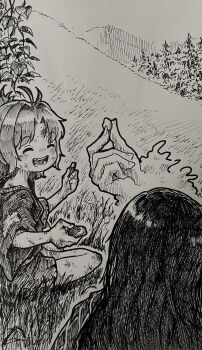 1boy 2girls absurdres aged_down child chipped_tooth closed_eyes dirty dirty_face facing_another facing_away food from_behind greyscale highres hijiri_byakuren holding holding_food kumoi_ichirin long_hair monochrome multiple_girls open_mouth outdoors rags sitting smile suteruko touhou traditional_media unzan
