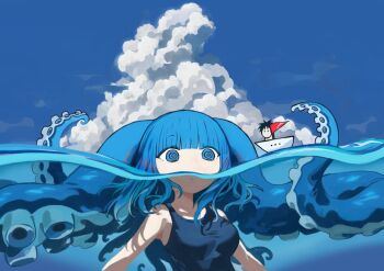 1boy 1girl blue_eyes blue_hair blue_one-piece_swimsuit blue_sky boat breasts cloud cumulonimbus_cloud day dot_nose giant giantess megame_(okbnkn) mizudako-chan_(okbnkn) ocean one-piece_swimsuit original partially_underwater_shot ringed_eyes sky suction_cups swimsuit tentacle_hair tentacles water watercraft