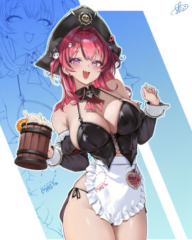 1girl alcohol apron beer black_corset breasts cleavage corset cowboy_shot detached_sleeves fang goddess_of_victory:_nikke hair_ornament hat hat_ornament highres large_breasts long_hair looking_at_viewer maid mast_(nikke) mast_(romantic_maid)_(nikke) open_mouth pink_hair pirate_hat purple_eyes skin_fang skull_hair_ornament skull_hat_ornament smile solo spiz unconventional_maid waist_apron white_wrist_cuffs wrist_cuffs