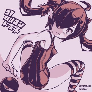 1girl ahoge arm_support ass backbeako_(torotei) backbeard blush breasts closed_mouth commentary_request dated dated_commentary dutch_angle floating_hair foot_out_of_frame from_behind gegege_no_kitarou hair_over_one_eye hair_ribbon kono_lolicon_domome light_frown long_hair looking_at_viewer looking_back monochrome one-piece_swimsuit original paid_reward_available pink_background pink_theme pointy_ears ribbon school_swimsuit simple_background sitting small_breasts solo spread_legs striped_clothes striped_thighhighs swimsuit thighhighs torotei translated twintails watermark web_address