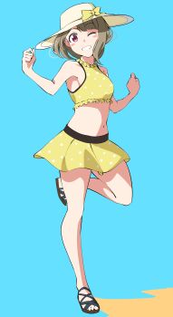 1girl ;d absurdres bare_shoulders bikini bikini_skirt black_sandals blue_background blush_stickers breasts brown_hair colored_shadow commentary full_body grin hands_up hat highres leg_up looking_at_viewer love_live! love_live!_nijigasaki_high_school_idol_club medium_breasts nakasu_kasumi nakasu_kasumi_(kujibikido_swimsuit) one_eye_closed open_mouth pink_eyes polka_dot polka_dot_bikini sandals shadow short_hair simple_background smile solo sun_hat swimsuit toes uchuu_no_mozuku yellow_bikini