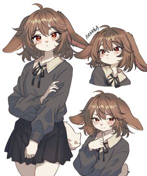 1girl :/ :s ahoge animal_ears animal_nose averting_eyes black_ribbon black_skirt blush brown_hair closed_mouth collar commentary cowboy_shot double-parted_bangs ears_down english_commentary grey_shirt hair_between_eyes hand_on_own_elbow highres long_sleeves medium_hair multiple_views neck_ribbon nervous nonoka917 original pleated_skirt rabbit_ears rabbit_girl rabbit_tail raised_inner_eyebrows red_eyes ribbon shirt shy signature simple_background skirt split_mouth sweatdrop tail white_background white_collar