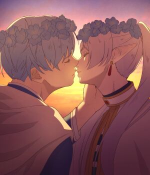 1boy 1girl blue_flower blue_hair cape capelet closed_eyes commentary couple earrings elf english_commentary facing_another flower frieren green_eyes head_wreath hetero highres himmel_(sousou_no_frieren) imminent_kiss jewelry long_hair pointy_ears short_hair sousou_no_frieren sunset teardrop_earrings twintails vibratix white_cape white_capelet white_hair