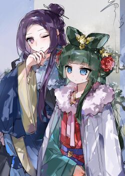 1boy 1girl blue_eyes blunt_bangs bow-shaped_hair cowboy_shot flower fur_trim hair_bun hair_flower hair_ornament hairpin half_updo hand_on_own_chin highres jinshi_(kusuriya_no_hitorigoto) kamikiasu kusuriya_no_hitorigoto light_blush maomao_(kusuriya_no_hitorigoto) one_eye_closed parted_bangs pink_eyes sweatdrop updo