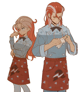 1boy 1girl absurdres apron griselle_(pokemon) grisham_(pokemon) hair_down highres long_hair multicolored_hair nintendo orange_apron pokemon pokemon_legends:_z-a print_apron red_apron sach56000 team_flare waist_apron white-framed_eyewear