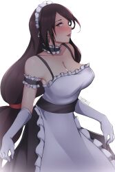 Rule 34 | 1340smile, 1girl, alternate costume, breasts, choker, cleavage, commentary, dress, earrings, elbow gloves, english commentary, enmaided, final fantasy, final fantasy vii, frilled choker, frills, gloves, highres, jewelry, large breasts, long hair, low-tied long hair, maid, maid day, maid headdress, parted lips, red eyes, simple background, solo, tifa lockhart, very long hair, white background, white gloves