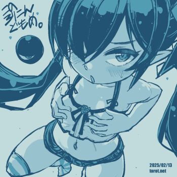 1girl ;o armpit_crease backbeako_(torotei) backbeard blue_background blue_theme blush breasts camisole commentary dated dated_commentary gegege_no_kitarou hair_over_one_eye hair_ribbon hands_on_own_breasts kono_lolicon_domome loli long_hair looking_at_viewer monochrome navel no_shoes one_eye_closed open_mouth original paid_reward_available pointy_ears ribbon short_shorts shorts simple_background sleeveless small_breasts solo squatting striped_clothes striped_thighhighs sweatdrop thighhighs torotei translated twintails watermark web_address