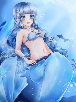 Rule 34 | 1girl, absurdres, applying manicure, armlet, bare shoulders, bikini, blue eyes, blue hair, blue nails, blush, breasts, cleavage, collarbone, commentary request, cosplay, earrings, hair ornament, highres, houshou hanon, houshou hanon (cosplay), houshou hanon (mermaid), jewelry, large breasts, long hair, looking at viewer, mermaid, mermaid melody pichi pichi pitch, monster girl, nail polish, navel, necklace, open mouth, original, sample watermark, shell, shell bikini, shell necklace, smile, solo, star (symbol), star earrings, star hair ornament, stomach, swimsuit, tsukishiro yayoi (yumeir0), underwater, very long hair, watermark