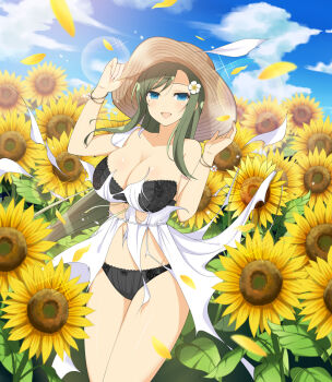 1girl :d armpit_crease black_bra black_panties blue_eyes blue_sky blush body_blush bow bow_panties bra bracelet breasts cleavage cloud collarbone day dress field floral_print floral_print_bra floral_print_panties flower flower_field fuga_(senran_kagura) green_hair groin hair_flower hair_ornament hat jewelry large_breasts leaf lens_flare light_particles long_hair looking_at_viewer mole mole_under_eye non-web_source official_art open_mouth outdoors panties print_panties senran_kagura senran_kagura_new_wave senran_kagura_shinovi_versus shiny_skin sky smile solo sparkle standing straw_hat sun_hat sundress sunflower sunflower_field swept_bangs torn_clothes torn_dress underwear very_long_hair white_dress yellow_flower