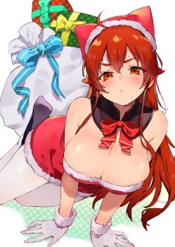 1girl absurdres ahoge arm_support bare_shoulders blush bow bowtie breast_focus breasts christmas cleavage closed_mouth commentary_request double-parted_bangs dress eris_greyrat fur-trimmed_dress fur-trimmed_gloves fur-trimmed_headwear fur_trim gloves hair_between_eyes hat highres large_breasts long_hair looking_at_viewer mokkori mushoku_tensei pantyhose pout red_bow red_bowtie red_eyes red_hair red_hat sack santa_costume santa_dress santa_hat solo thighs tsundere very_long_hair white_gloves white_pantyhose