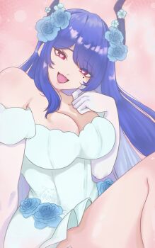 1girl absurdres black_horns blue_flower blue_hair blue_rose breasts cleavage dress flower heart heart-shaped_pupils highres hololive hololive_english horns large_breasts linariamunkin mole mole_under_eye nerissa_ravencroft open_mouth oyomeholic_(nerissa_ravencroft) pink_background purple_eyes rose simple_background solo strapless strapless_dress symbol-shaped_pupils virtual_youtuber wedding_dress white_dress