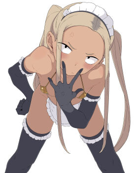 1girl bikini blonde_hair blush commentary_request dark-skinned_female dark_skin elbow_gloves gloves gold_bikini highres leaning_forward loli long_sidelocks looking_at_viewer maid maid_bikini maid_headdress micro_bikini original sanpaku sidelocks swimsuit thighhighs twintails unconventional_maid v white_background zettai_yarumoni