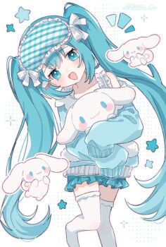 Rule 34 | 1girl, :d, artist name, blue eyes, blue hair, blue sweater, blush, cinnamoroll, commentary, foot out of frame, fuwa fuwa cinnamoroll, hatsune miku, highres, holding, long hair, long sleeves, looking at viewer, notice lines, open mouth, sanrio, sidelocks, simple background, sleep mask, sleeves past fingers, sleeves past wrists, smile, standing, standing on one leg, star (symbol), sweater, symbol-only commentary, thighhighs, twintails, very long hair, vocaloid, white background, white thighhighs, yukomeow