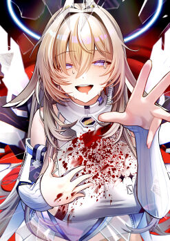 Rule 34 | 1girl, absurdres, arm up, bare shoulders, blood, blood on clothes, blush, boots, breasts, chaos zero nightmare, commentary request, detached sleeves, empty eyes, grey hair, hair between eyes, halo, highres, horns, large breasts, leotard, long hair, looking at viewer, mechanical horns, mechanical wings, mind break, open mouth, purple eyes, sakuma kou, sereniel (chaos zero nightmare), sideboob, sidelocks, solo, sweat, white leotard, white sleeves, wings