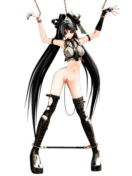 1girl 3d arms_up bdsm belt black_hair black_ribbon black_sclera black_thighhighs bondage boots bound breasts buckle bug ca_(deino) calne_ca_(deino) chain collar colored_sclera cuffs deino_(deino3330) female_focus gloves hair_ribbon harness head_tilt highres leash leg_belt long_hair looking_at_viewer midriff nail_polish navel original pubic_tattoo pussy red_eyes revealing_clothes ribbon sex_toy simple_background single_glove skinny slender small_breasts solo spreader_bar stomach tattoo thighhighs uncensored very_long_hair vibrator white_background