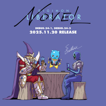 2boys altea armor blue_bodysuit blue_helmet bodysuit cape card chapter_number commentary_request copyright_name deck_of_cards digimon digimon_(creature) digimon_card_game digimon_liberator espimon full_body group_picture hat helmet highres holding holding_card kazuki_seihou male_focus mistymon multiple_boys playing purple_cape purple_hat release_celebration signature simple_background sitting trading_card