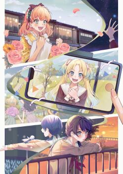 4girls :d absurdres against_railing azuma_(no488888) blonde_hair blue_hair blue_ribbon blue_sky blush bow brown_bow brown_cardigan brown_hair cardigan cellphone clenched_hand commentary_request crossed_bangs dark_blue_hair dress falling_petals fangs flower flower_knot fujishima_megumi glowstick gradient_hair green_headdress green_skirt grey_dress grey_eyes grey_sky hair_flower hair_ornament hair_ribbon hasu_no_sora_school_uniform highres hinoshita_kaho holding_flyer holding_hands in-universe_location japanese_clothes kimono light_blue_hair light_particles link!_like!_love_live! long_hair love_live! low_twintails lower_teeth_only maid maid_headdress medium_hair microphone_stand multicolored_hair multiple_girls murano_sayaka music night official_alternate_costume open_cardigan open_clothes open_hand open_mouth orange_flower orange_hair orange_sky osawa_rurino osawa_rurino_(young) outside_border paper_stack parted_bangs penlight_(glowstick) petals phone phone_stand pillarboxed pink_flower pink_petals pink_rose pink_shirt pleated_skirt railing ribbon rose school_uniform shirt shirt_tucked_in short_hair short_sleeves singing skirt sky smartphone smile split_theme star_(sky) starry_sky striped_clothes striped_shirt sunset teeth tree triangle twintails two_side_up upper_teeth_only virtual_youtuber wa_maid white_flower winter_uniform yellow_kimono