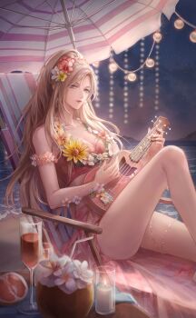 1girl alcohol artist_request beach beach_umbrella beads bikini blue_sky breasts brown_eyes brown_hair candle champagne_flute cleavage closed_mouth cloud coconut_cup cup drinking_glass drinking_straw earrings expressionless feet_out_of_frame fire flower flower_necklace food frilled_armlet fruit game_cg hair_flower hair_ornament hibiscus high_ponytail highres hoop_earrings instrument island jewelry knee_up large_breasts lipstick long_hair makeup music necklace nikki_(series) ocean official_alternate_color official_art outdoors playing_instrument pleasant_breeze_(shining_nikki) pomegranate ponytail red_bikini red_lips red_sarong sarong shining_nikki sidelocks sky solo star_(sky) starry_sky string_of_light_bulbs swimsuit table thigh_strap twilight ukulele umbrella very_long_hair wine zoey_(shining_nikki)