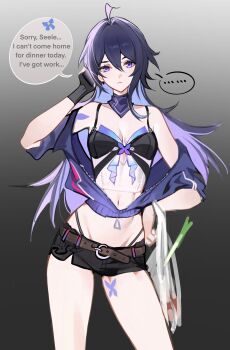 ... 1girl bag blue_eyes blue_hair blue_jacket cellphone commentary cowboy_shot english_commentary gloves highres holding holding_phone honkai:_star_rail honkai_(series) jacket long_hair micro_shorts mie_xing navel phone seele_(honkai:_star_rail) shorts single_glove smartphone solo spoken_ellipsis spring_onion stomach very_long_hair