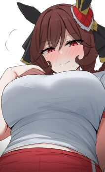 1girl animal_ears blush braid braided_hair_rings breasts brown_hair buruma closed_mouth ear_covers from_below gentildonna_(umamusume) gym_shirt hair_rings heart_ear_ornament highres horse_ears horse_girl large_breasts long_hair looking_at_viewer midriff_peek namikare red_buruma red_eyes shirt sidelocks simple_background smile solo umamusume white_background white_shirt
