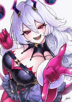 absurdres black_dress breasts chest_strap cleavage demon_horns detached_collar dress fangs fur-trimmed_gloves fur_trim gloves highres horns long_hair negidesu1105 pantyhose red_eyes red_gloves red_pantyhose shadowverse shadowverse:_worlds_beyond sham-nacha_(shadowverse:_worlds_beyond) skirt strap tongue white_hair