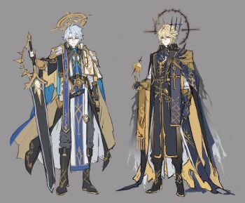 Rule 34 | 2boys, absurdres, alternate costume, alternate form, antenna hair, apple, armor, ascot, baggy pants, belt, black belt, black boots, black cape, black gloves, black halo, black jacket, black tabard, blonde hair, blue ascot, blue cape, blue necktie, boots, cape, closed mouth, collared jacket, commentary, crossed bangs, dagger, dawnmaker (honkai: star rail), dual persona, fingerless gloves, floating, floating object, food, fruit, full body, gloves, gold trim, grey background, grey belt, grey eyes, grey hair, grey pants, hair between eyes, halo, halo behind head, hand up, highres, holding, holding sword, holding weapon, honkai: star rail, honkai (series), jacket, knife, long sleeves, looking at viewer, male focus, multiple boys, necktie, official alternate eye color, official alternate hair color, pants, papajay (jennygin2), phainon (honkai: star rail), phainon (khaslana) (honkai: star rail), purple gloves, short hair, shoulder armor, simple background, smile, standing, sun print, sun symbol, sword, tabard, teeth, two-sided cape, two-sided fabric, untranslatable commentary, weapon, white jacket, white tabard, yellow cape, yellow eyes, yellow halo, yellow pants, yellow pupils