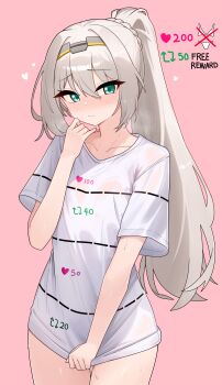 1girl absurdres alternate_costume an-94_(girls&#039;_frontline) an-94_(mod3)_(girls&#039;_frontline) aqua_eyes blush closed_mouth collarbone commentary girls&#039;_frontline hand_up highres long_hair looking_at_viewer nabiyan pink_background ponytail shirt shirt_tug simple_background solo twitter_cutting_game twitter_strip_game wet wet_clothes wet_shirt white_hair