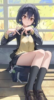 1girl absurdres bag black_bow black_bowtie black_hair black_jacket black_skirt black_socks blazer bow bowtie cardigan closed_mouth flower hair_between_eyes hair_flower hair_ornament heart heart_hands highres idol indoors jacket kneehighs loafers long_sleeves looking_at_viewer mizuno_ai open_clothes open_jacket plaid_bow plaid_bowtie plaid_clothes plaid_skirt pleated_skirt red_eyes school_bag school_uniform shirt shoes short_hair sitting skirt socks solo vest white_shirt window xzu yellow_vest zombie_land_saga