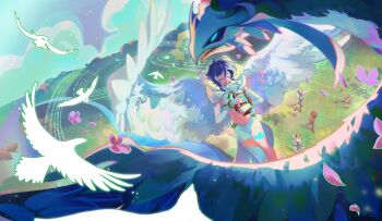 2girls 3boys androgynous arm_up beret black_bow black_hair black_jacket black_pants blonde_hair blue_hair blue_pants blue_sky body_markings boots bow braid bridal_gauntlets brown_boots brown_gloves cape closed_eyes closed_mouth cloud cloudy_sky commentary dark-skinned_male dark_skin day diluc_(genshin_impact) dragon dress english_commentary eyepatch feathered_wings flower flying full_body fur_trim genshin_impact gloves gold_ring gradient_hair grass hair_between_eyes hair_bow hair_over_one_eye hands_up hat high_ponytail highres holding holding_hands holding_instrument holding_lyre hood hooded_cape instrument jacket jean_(genshin_impact) kaeya_(genshin_impact) klee_(genshin_impact) long_sleeves low_twintails lyre midriff multicolored_hair multiple_boys multiple_girls music navel noredemptionarc official_alternate_costume outdoors pants petals playing_instrument ponytail puffy_long_sleeves puffy_sleeves purple_flower red_dress red_hair red_hat short_hair short_shorts shorts single_thighhigh sky smile tank_top thighhighs tree twin_braids twintails venti_(archon)_(genshin_impact) venti_(genshin_impact) white_cape white_jacket white_pants white_shorts white_tank_top white_thighhighs wings