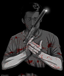 Rule 34 | 1boy, absurdres, artist name, black background, blood, blood on arm, blood on clothes, blood on face, blood on hands, glint, gun, highres, holding, holding gun, holding weapon, looking at viewer, male focus, monochrome, otonage, satou akira (the fable), shirt, short hair, solo, suppressor, t-shirt, the fable, upper body, weapon