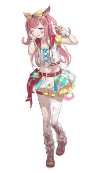 1girl absurdres agnes_digital_(umamusume) animal_ears bad_id bad_pixiv_id blue_eyes blush bow bracelet dirty dirty_face full_body hair_bow hand_up highres horse_ears horse_girl jewelry long_hair midriff mud navel necklace open_mouth pearl_necklace red_nails shiragixx shirt shoes skirt socks solo umamusume v white_shirt white_skirt white_socks wiping_face yellow_bow yellow_skirt