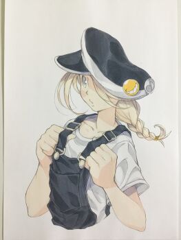 1girl badge black_hat black_overalls blonde_hair braid button_badge closed_mouth collarbone commentary cropped_torso hair_over_one_eye hands_up hat hat_ornament highres medium_hair newsboy_cap original overalls peter_salt shirt short_sleeves sideways_hat single_braid solo traditional_media white_background white_shirt yellow_eyes