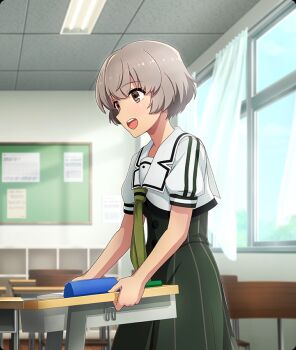 1girl blue_sky brown_eyes brown_hair bulletin_board ceiling ceiling_light classroom cowboy_shot curtains day desk dress from_side game_cg green_dress green_neckerchief heijou_institute_school_uniform holding indoors iwakura_sanae neckerchief note official_art open_mouth sailor_collar school school_desk school_uniform short_hair short_sleeves sideways_mouth sky smile solo summer_uniform teeth third-party_source tile_ceiling tiles toji_no_miko toji_no_miko:_kizamishi_issen_no_tomoshibi upper_teeth_only white_sailor_collar window