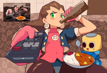 1girl bottle breasts brown_hair brown_pantyhose cola commentary controller couch cowboy_shot cropped_jacket crotch_plate curry curry_rice dress drinking drooling earrings english_commentary fishnets food foreshortening glass_bottle gloves green_eyes hair_pulled_back hairband heart highres holding holding_bottle indoors jacket jewelry man_watching_tv_(meme) mega_man_(series) mega_man_legends_(series) meme mouth_drool on_couch open_clothes open_jacket pantyhose pink_dress pink_gloves pink_hairband puffy_short_sleeves puffy_sleeves reference_inset remote_control rice robot servbot_(mega_man) short_sleeves sitting skull_earrings spoon tron_bonne_(mega_man) yodok