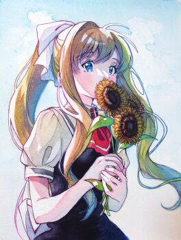 Rule 34 | 1girl, absurdres, air (visual novel), ascot, black dress, blonde hair, blue eyes, blush, brooch, collared shirt, covered mouth, cross brooch, dress, flower, hair ribbon, highres, holding, holding flower, jewelry, kamio misuzu, light blush, long hair, looking afar, nanami sugimoto, painting (medium), ponytail, puffy short sleeves, puffy sleeves, red ascot, ribbon, school uniform, shirt, short sleeves, sidelocks, single hair intake, solo, sunflower, traditional media, very long hair, watercolor (medium), white ribbon, white shirt