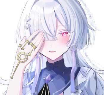 1girl blush colored_eyelashes commentary grey_hair hair_ornament hair_over_one_eye hand_up highres jewelry long_hair looking_at_viewer mornye_(wuthering_waves) multiple_rings parted_lips portrait red_eyes ring smile solo soyogi_nrso wuthering_waves